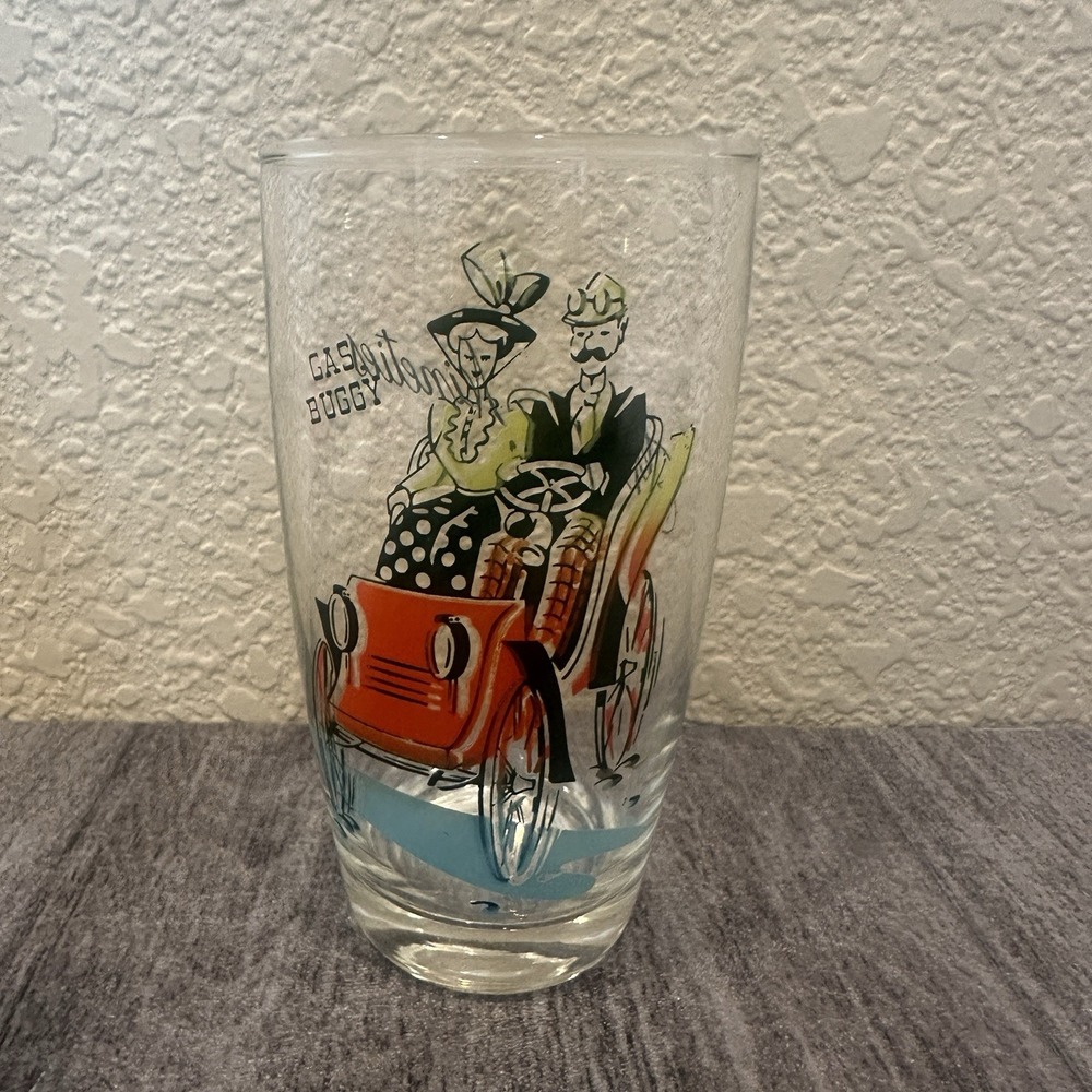 Hazel Atlas Gay Nineties Drinking Glass Vintage Gay Buggy Horse Car Tapered Cup